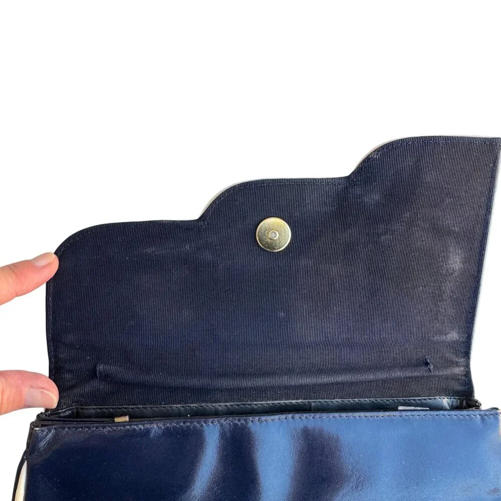 Bullocks Vintage 70s Patent Leather Clutch‎ Bag Made Italy Asymmetric Flap Navy